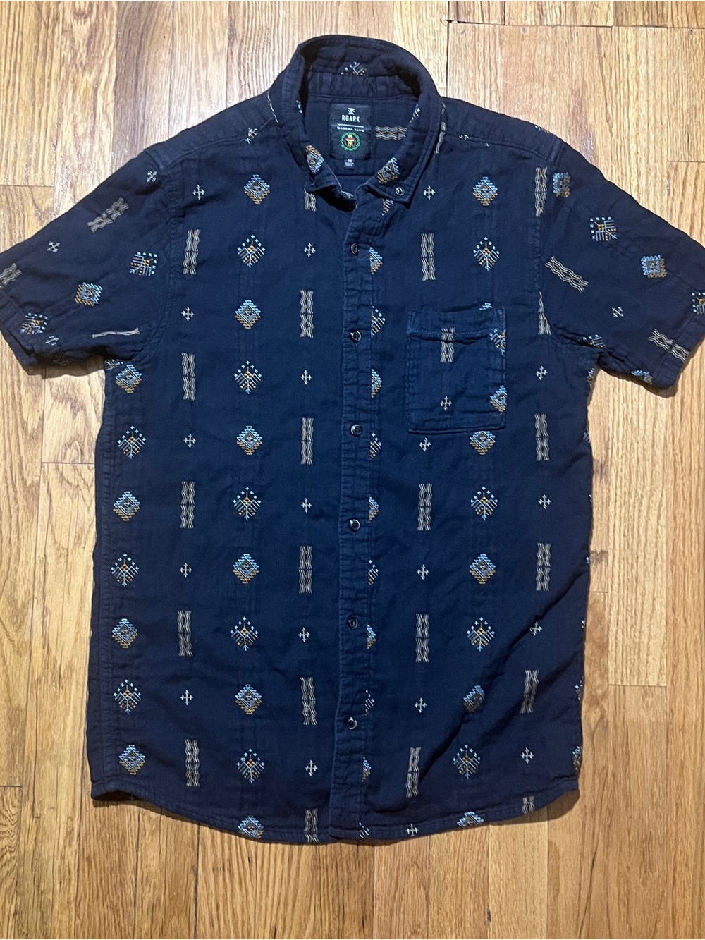 Roark Mens M Geometric Aztec Cotton Woven SS Button-Up Maori Tribal Casual